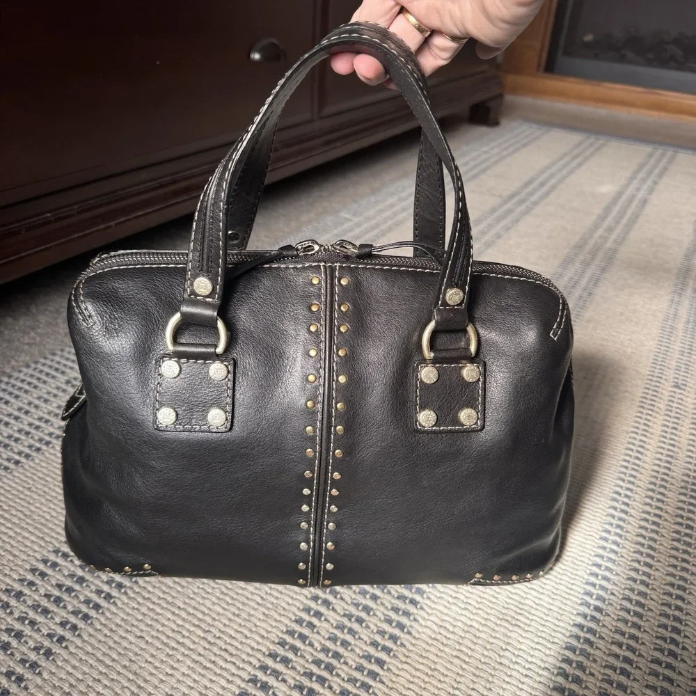 Michael Kors Astor Black Studded Leather Satchel ~ Top‑Handle Bag ~Silver Studs